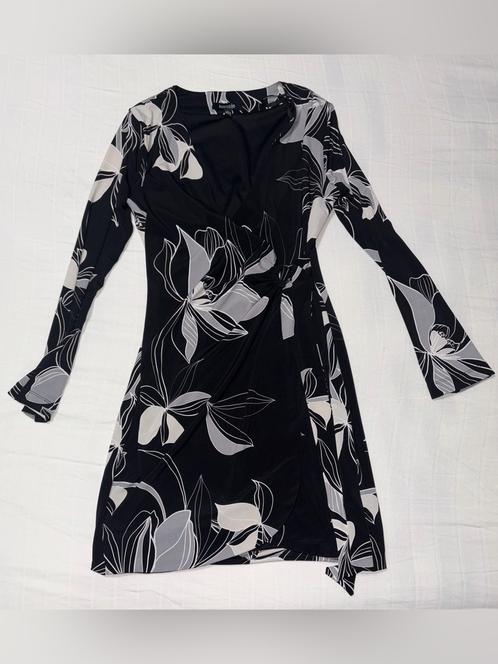 Kensie Black Floral Long Sleeve Faux Wrap Dress